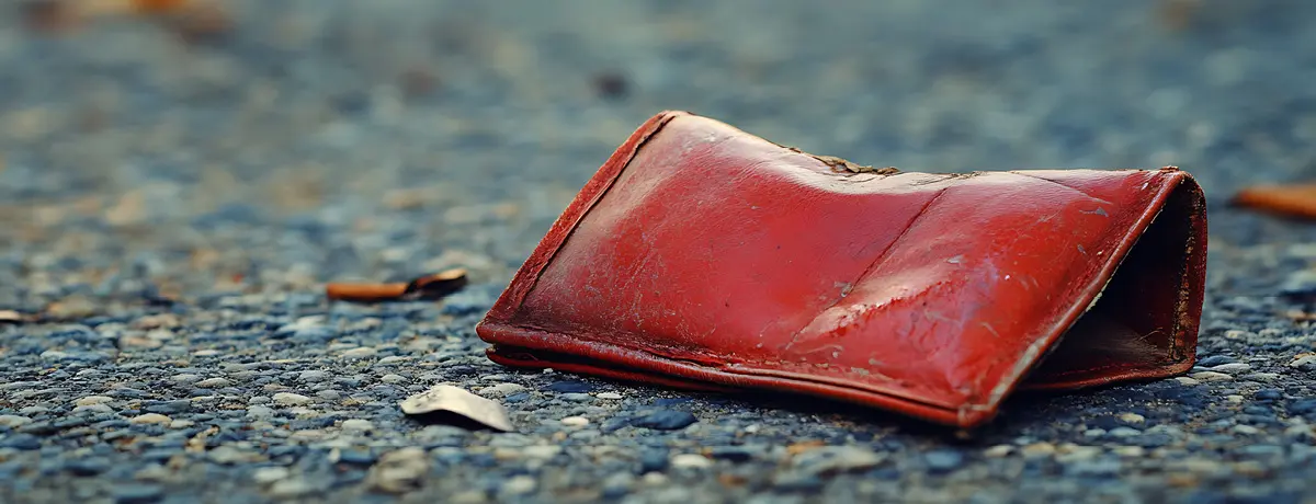 A close-up photograph of a weathered, empty red leather wallet lying abandoned.