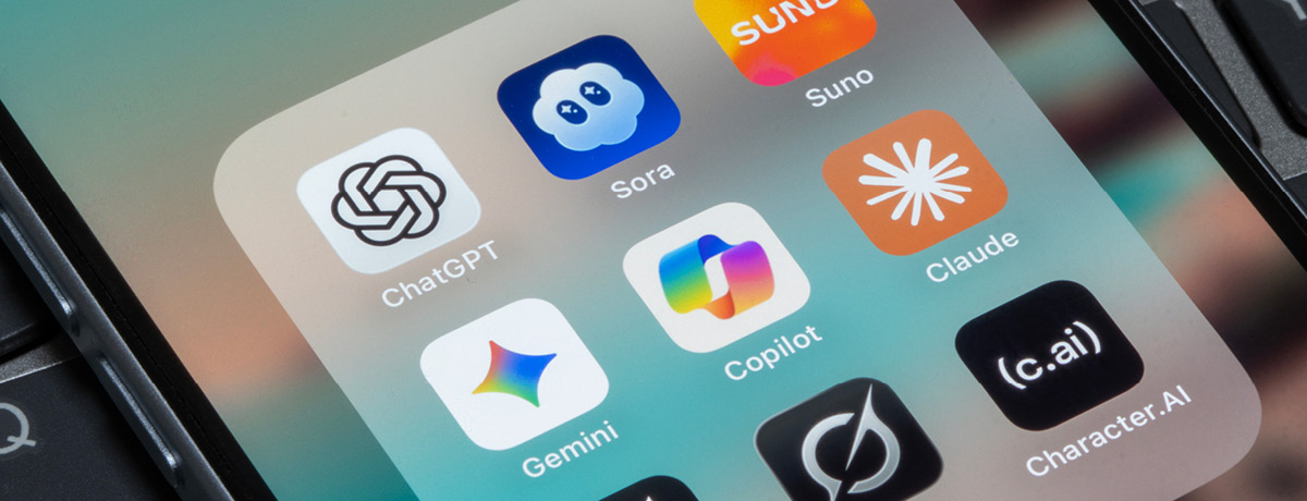 Smartphone screen showing icons for AI apps like ChatGPT, Gemini, Claude and Copilot.