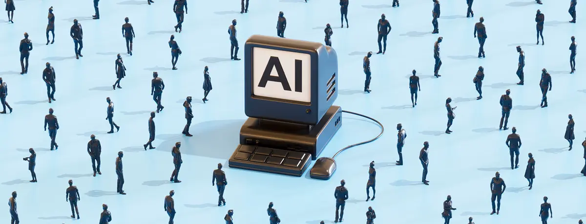 Computer monitor displaying "AI" sits in the center of a blue surface, surrounded by small human fig