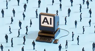 Computer monitor displaying "AI" sits in the center of a blue surface, surrounded by small human fig