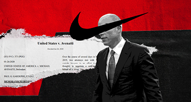 Nike check over image of man in suit with court document in background