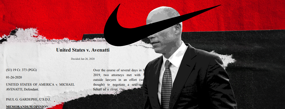 Nike check over image of man in suit with court document in background