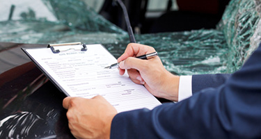 Unseen individual writing up report with cracked windshield in background