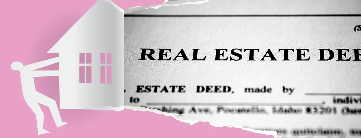 A pink graphic showing a silhouette pushing a house, beside a torn newspaper clipping with the headl