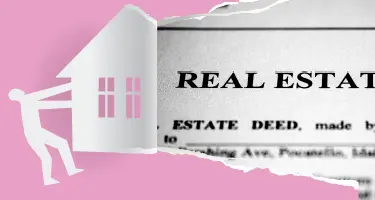 A pink graphic showing a silhouette pushing a house, beside a torn newspaper clipping with the headl