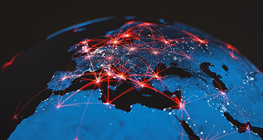 Planet of Earth cartoon with multiple red dots connecting everyone with COVID-19