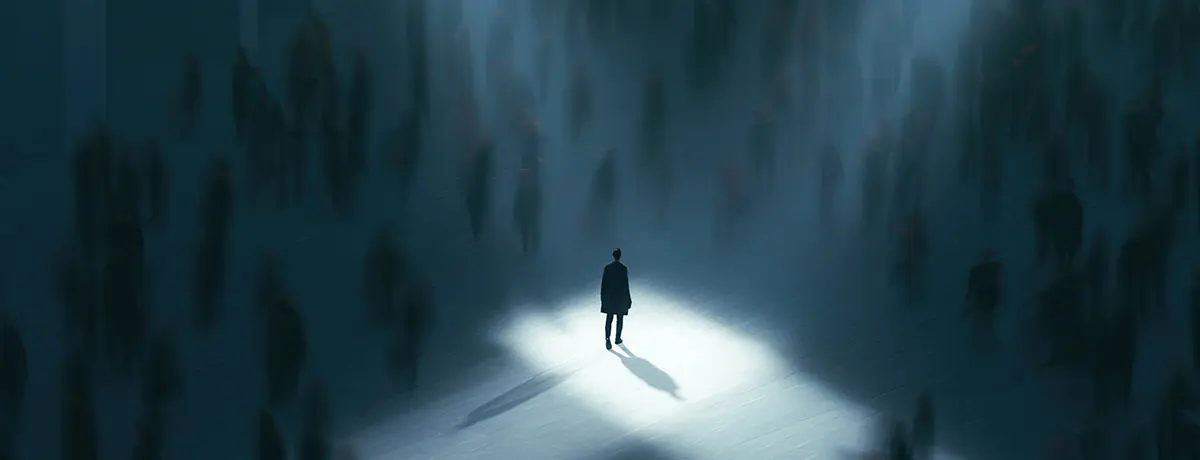 A lone figure stands in a bright spotlight, surrounded by towering, shadowy silhouettes in a dark, b