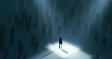 A lone figure stands in a bright spotlight, surrounded by towering, shadowy silhouettes in a dark, b