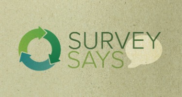 Environmental background with recycling background and text bubble that says "Survey Says"
