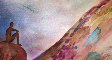 Watercolor image of person on a mountain looking at night sky