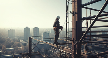 Construction worker on high rise building above city
