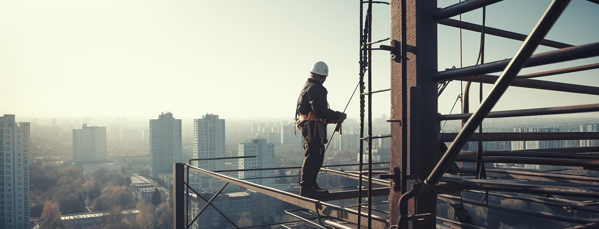 Construction worker on high rise building above city