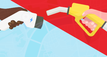 Fuel pump and electric car charger with red and blue backdrop