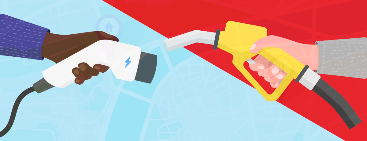 Fuel pump and electric car charger with red and blue backdrop