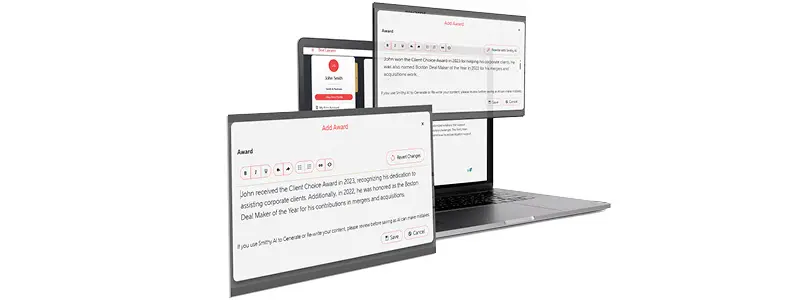 Laptop interface showing attorney awards using Smithy