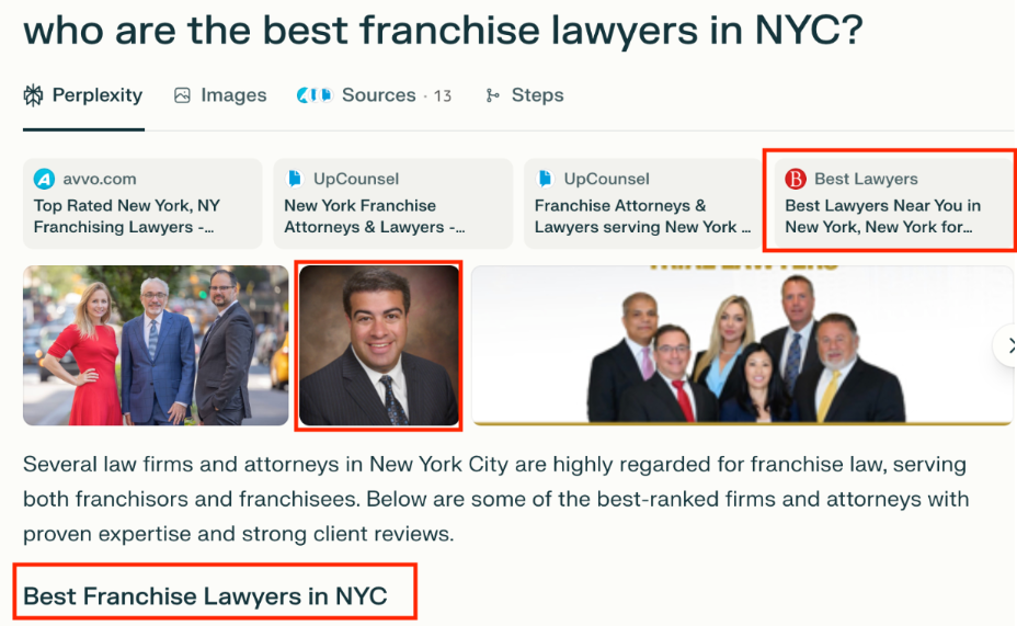 Search results for Best Franchise Lawyers in NYC on perplexity