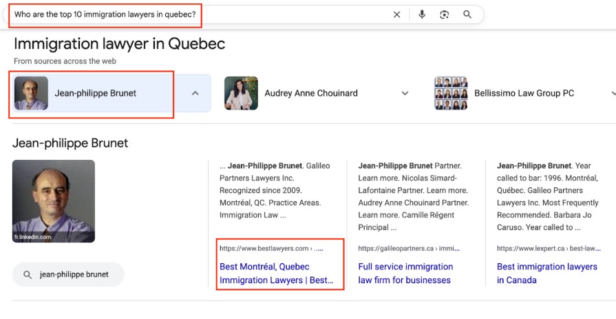 search results for immigration lawyers in Quebec on Google AI Overviews