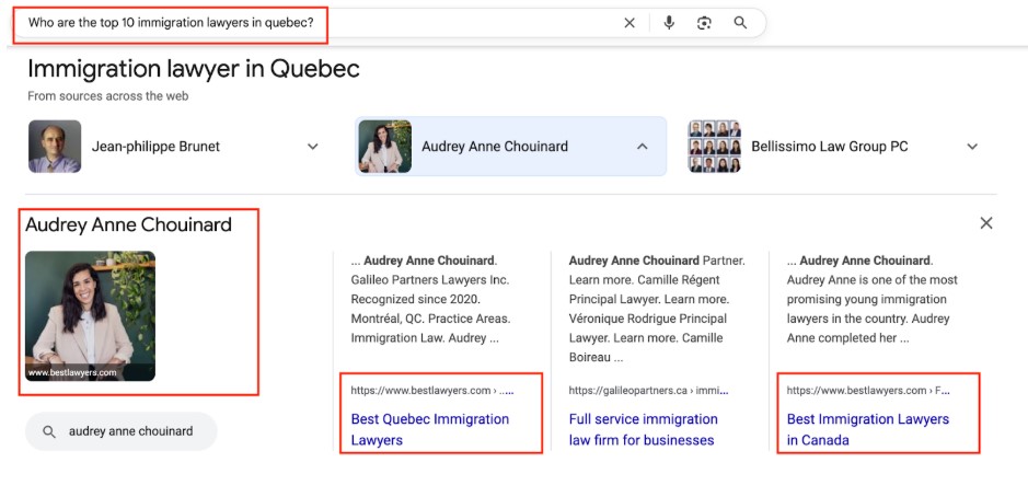 search results for immigration lawyers in Quebec on Google AI
