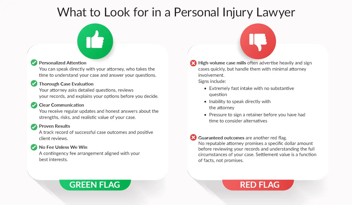Infographic detailing green flags and red flags when choosing a personal injury lawyer
