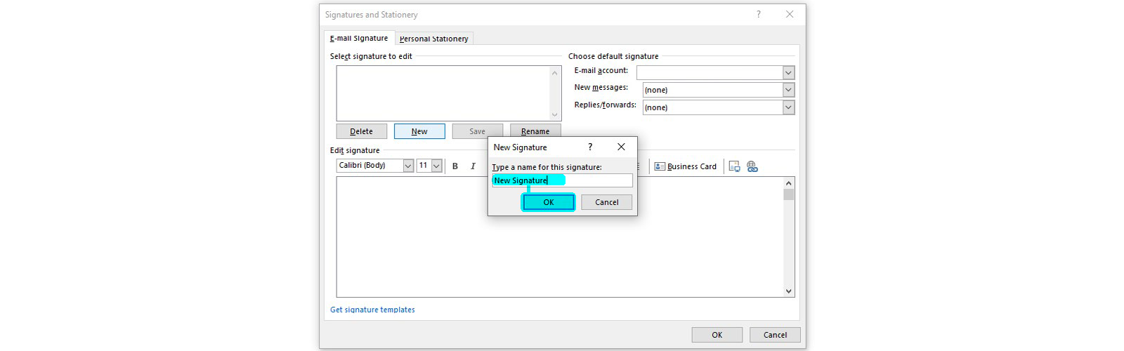 Image demonstrating how to add a name for a new signature in Outlook